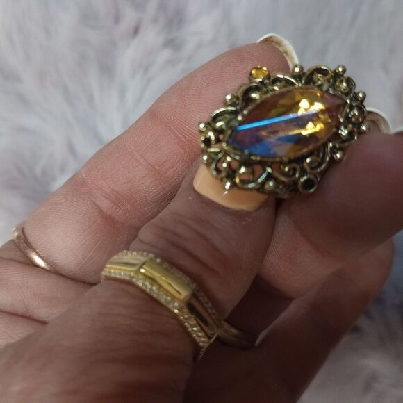 Vintage gold ornate design with yellow faux 2ct citrine sz 6 - Picture 3 of 6
